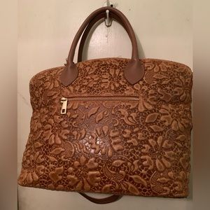 VERA PELLER COGNAC FLORAL-EMBOSSED LEATHER SATCHEL